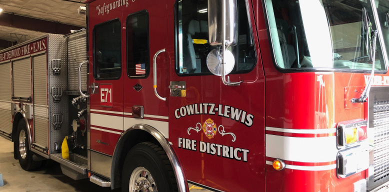 Cowlitz-Lewis Fire District fire truck with custom logo decal