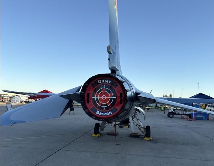 F-16 fighter jet with custom intake plug decal